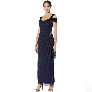 Alex Evening Long Cold Shoulder Dress Cowlneck Dark Navy Women's 12